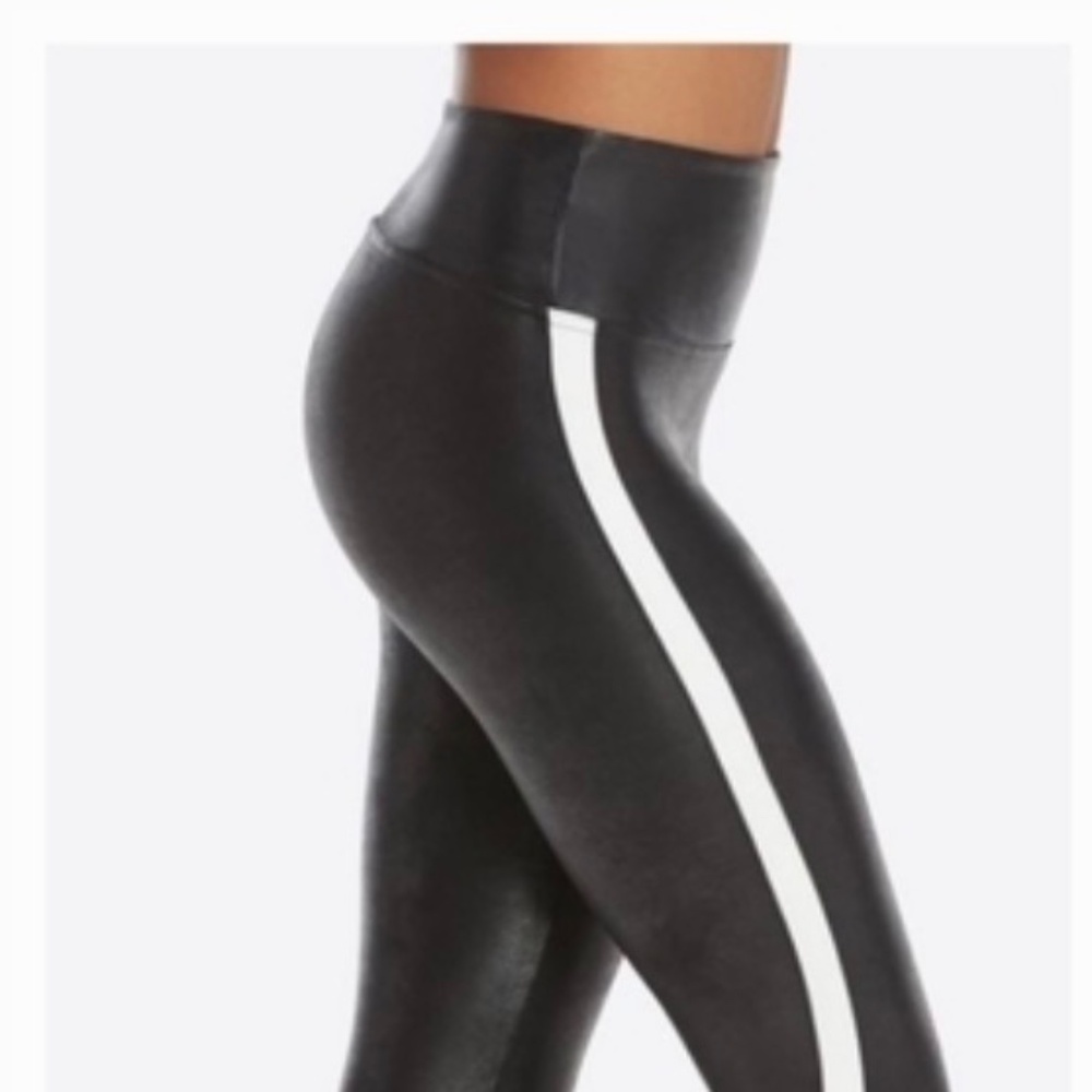 Spanx Faux Leather Black Leggings with White Stripe